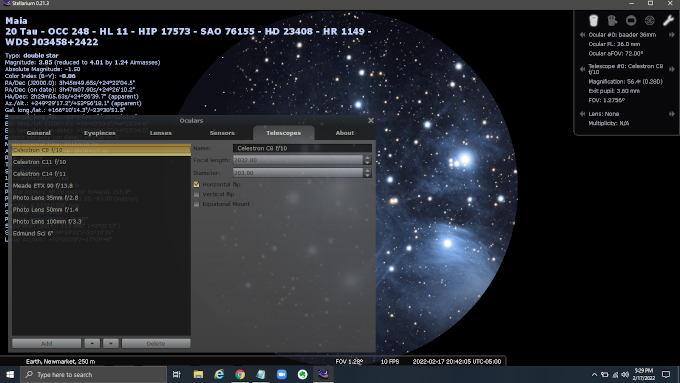 oculars window in Stellarium (computer)